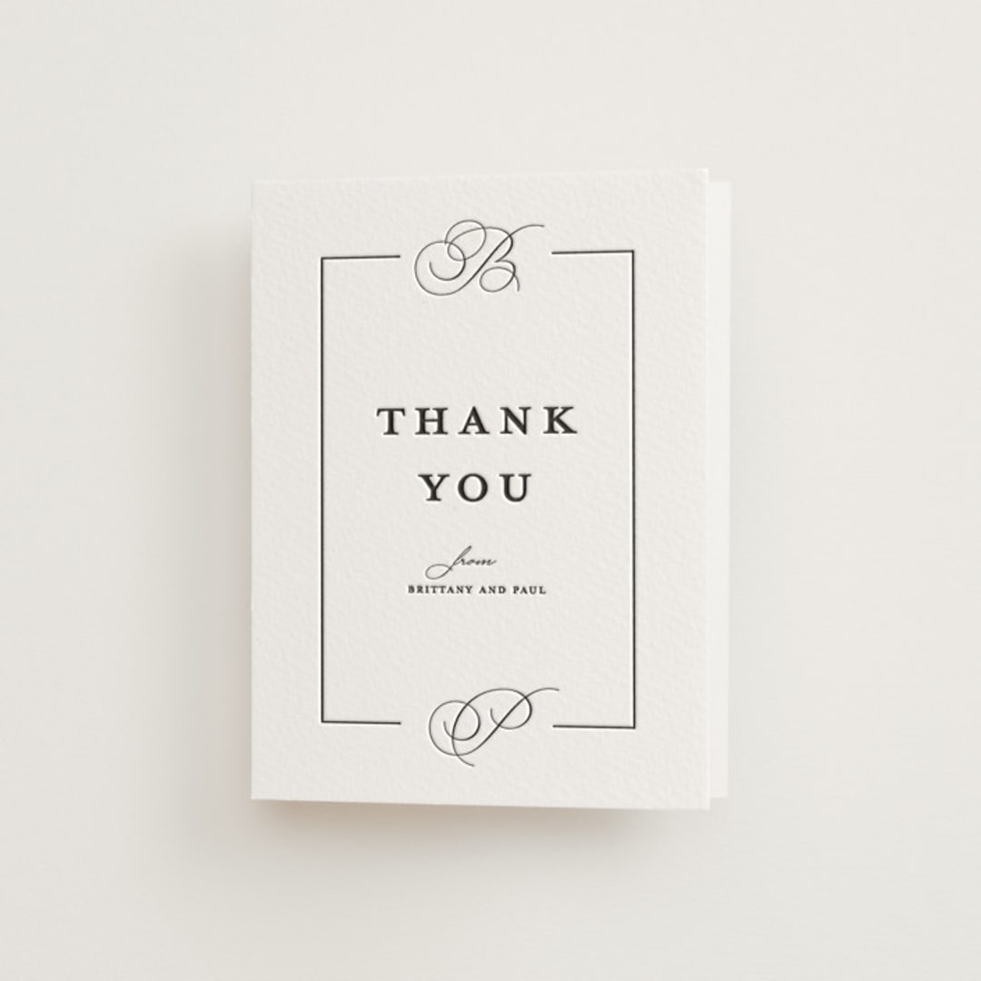 "Monogram Border" - Letterpress Wedding Thank You Cards in Soft Black by Amy Payne - Front