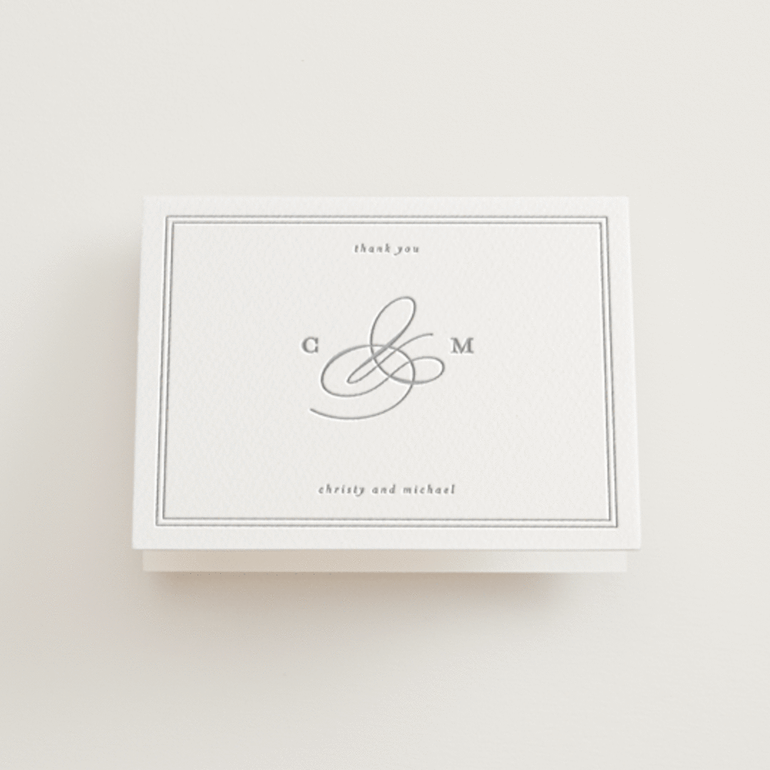 "Monogrammed eternity" - Letterpress Wedding Thank You Cards in Matte Silver by Creo Study - Front