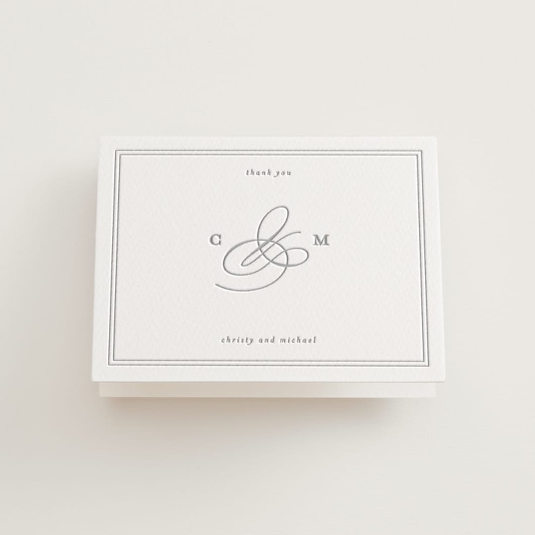 "Monogrammed eternity" - Letterpress Wedding Thank You Cards in Matte Silver by Creo Study - Front