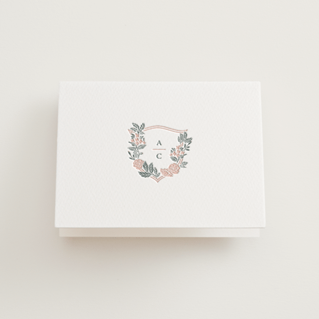 "Flourishing Crest" - Letterpress Wedding Thank You Cards in Stone by Olivia Raufman - Front