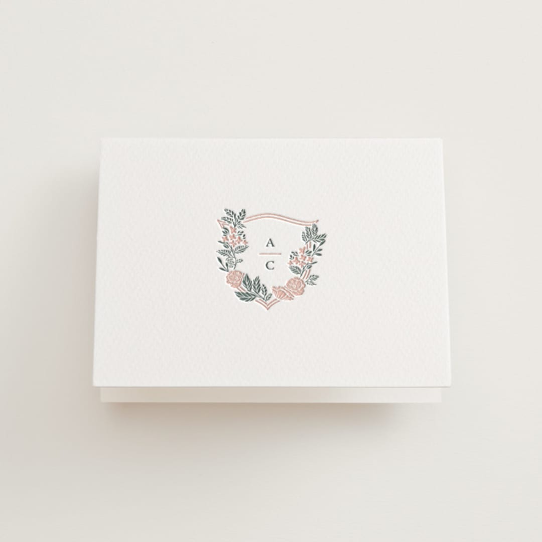 "Flourishing Crest" - Letterpress Wedding Thank You Cards in Stone by Olivia Raufman - Front