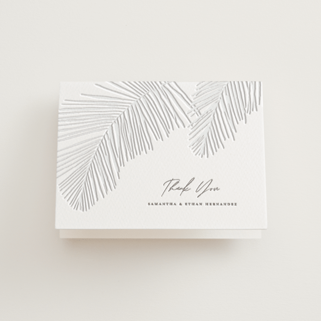 "Palm Arbor" - Letterpress Wedding Thank You Cards in Graphite by Owl and Toad - Front
