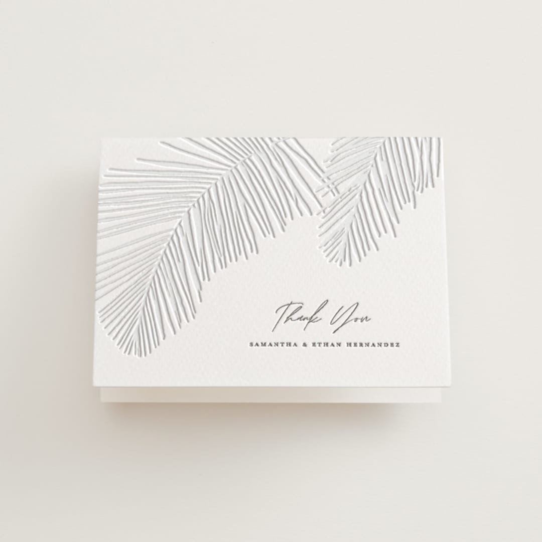 "Palm Arbor" - Letterpress Wedding Thank You Cards in Graphite by Owl and Toad - Front