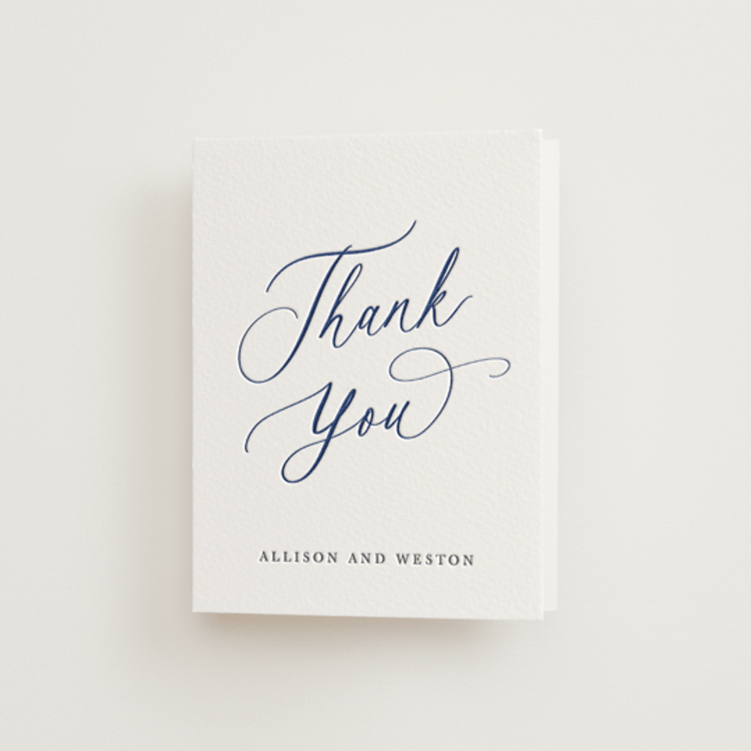 "Statement Names" - Letterpress Wedding Thank You Cards in Lapis by Hooray Creative - Front