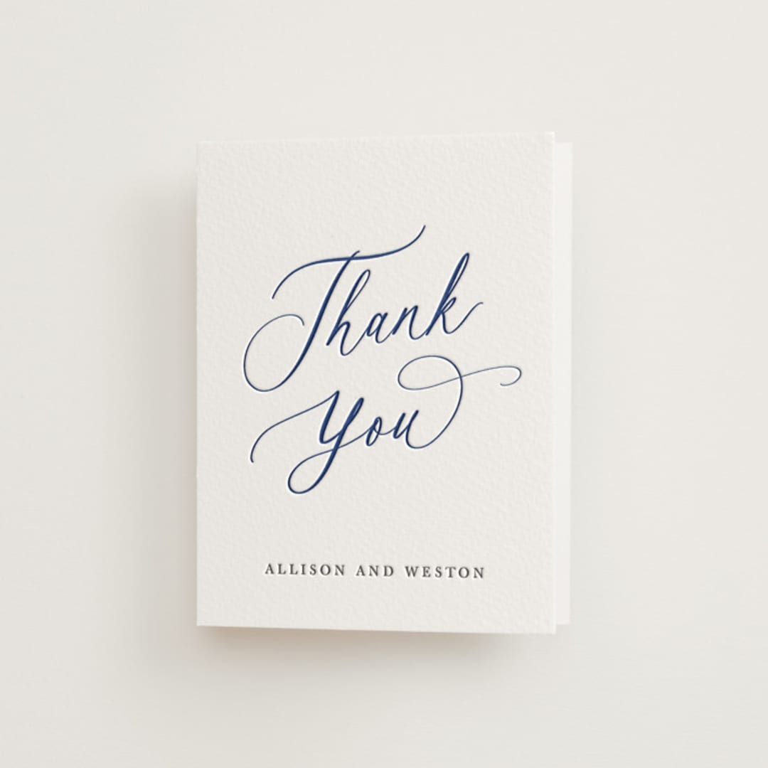 "Statement Names" - Letterpress Wedding Thank You Cards in Lapis by Hooray Creative - Front