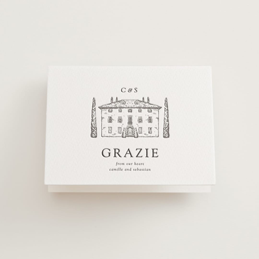 "Italian Countryside" - Letterpress Wedding Thank You Cards in Warm Gray by Melinda Denison - Front