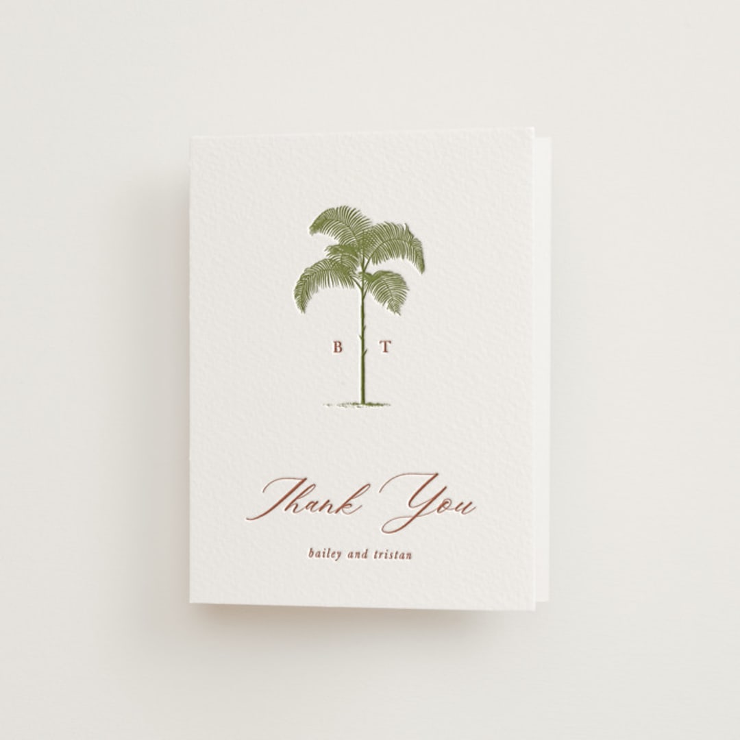 "Palm" - Letterpress Wedding Thank You Cards in Pistachio by Melinda Denison - Front