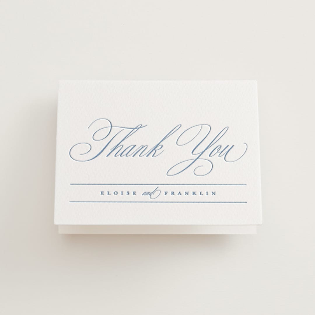 "Simple Formality" - Letterpress Wedding Thank You Cards in Provincial Blue by Everett Paper Goods - Front