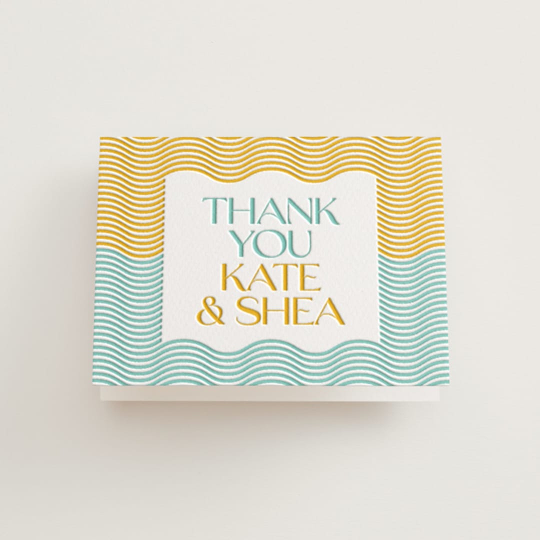 "Good Vibes" - Letterpress Wedding Thank You Cards in Seafoam by Claudia Orengo - Front