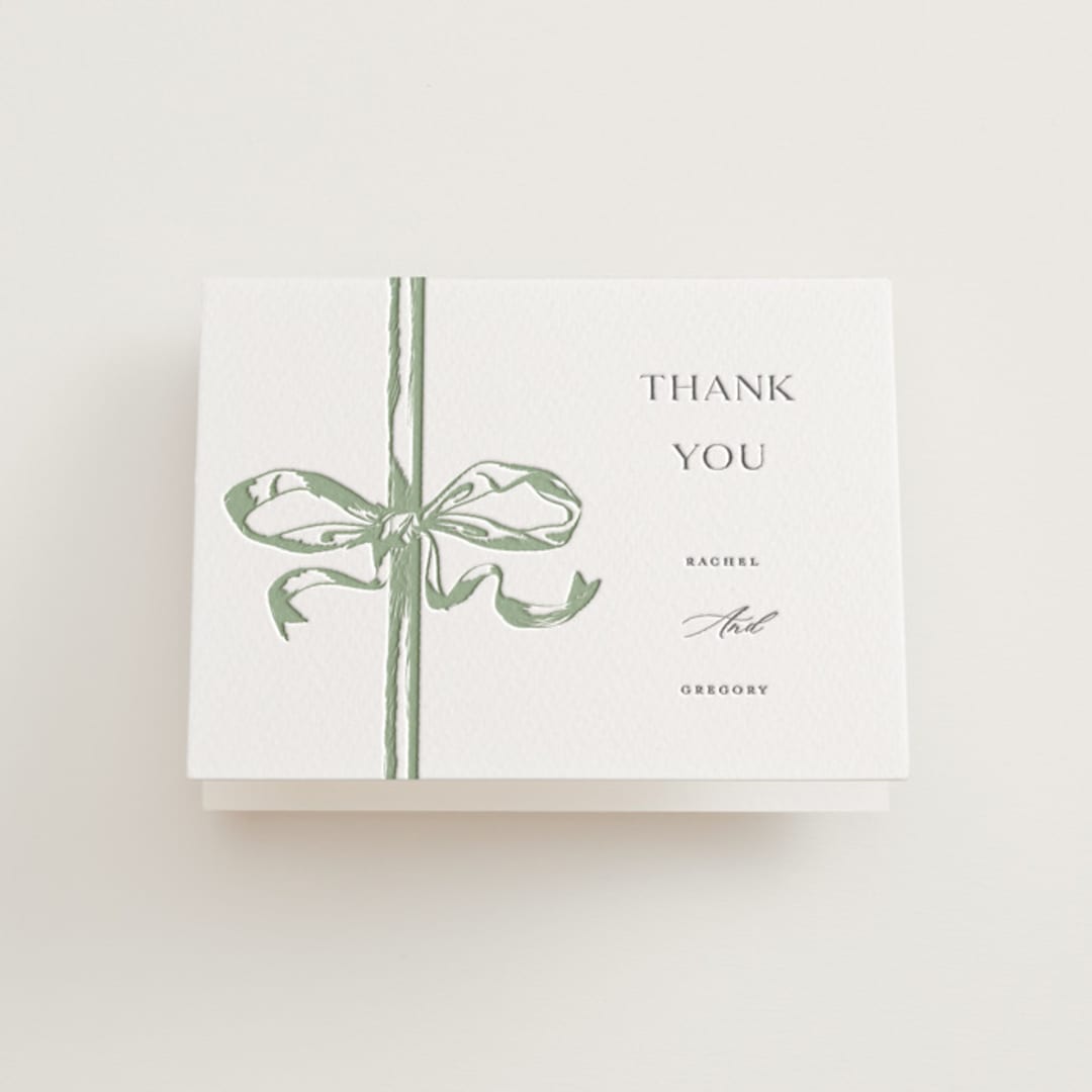 "Big Bow" - Letterpress Wedding Thank You Cards in Mint by Teju Reval - Front