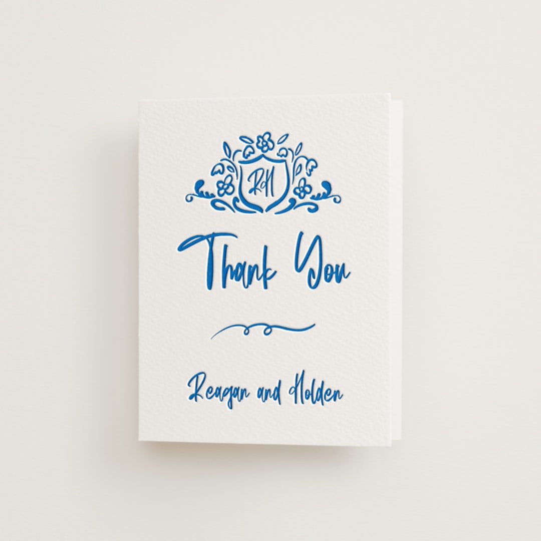 "Sketched Crest" - Letterpress Wedding Thank You Cards in Sapphire by Jenna Holcomb - Front