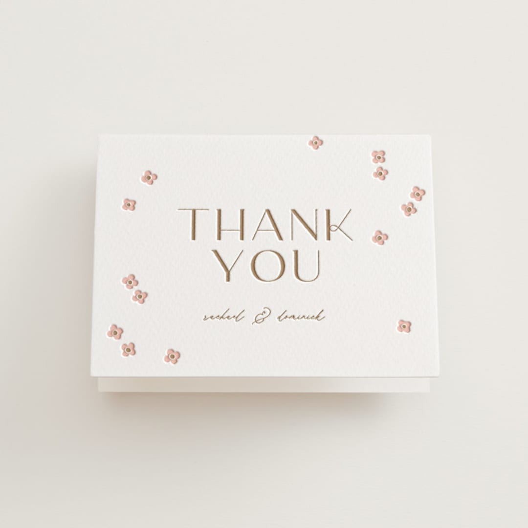 "Wildflower Garland" - Letterpress Wedding Thank You Cards in Matte Gold by Susan Zinader - Front
