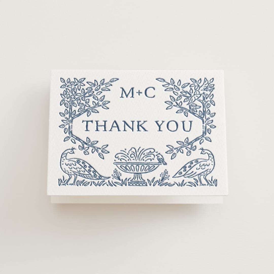 "Whimsical Woodland" - Letterpress Wedding Thank You Cards in Indigo by Paper Sun Studio - Front