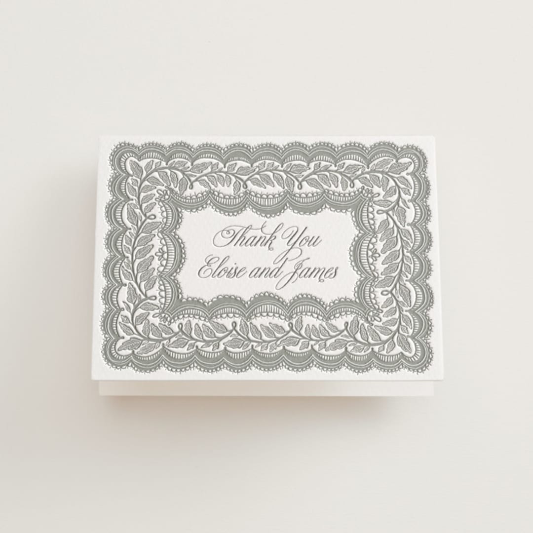 "Bridal Veil" - Letterpress Wedding Thank You Cards in Gravel by Katharine Watson - Front