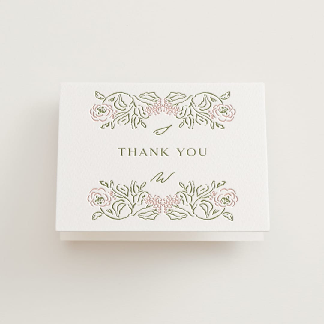 "Sketched Foliage" - Letterpress Wedding Thank You Cards in Nude by Susan Zinader - Front