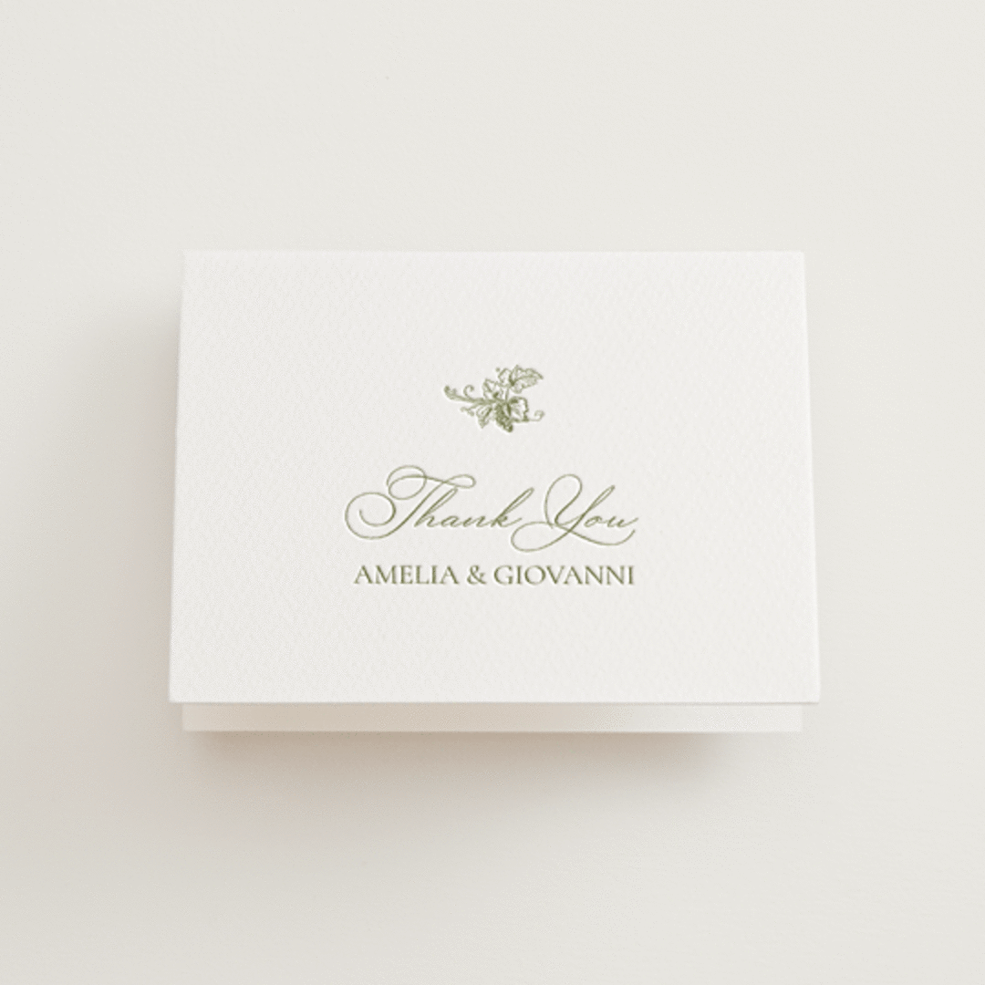"Vineyard Elegance" - Letterpress Wedding Thank You Cards in Pistachio by Lucrecia Caporale - Front