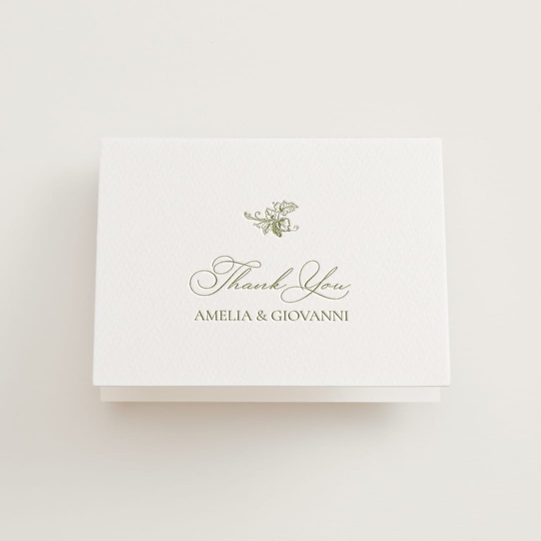 "Vineyard Elegance" - Letterpress Wedding Thank You Cards in Pistachio by Lucrecia Caporale - Front