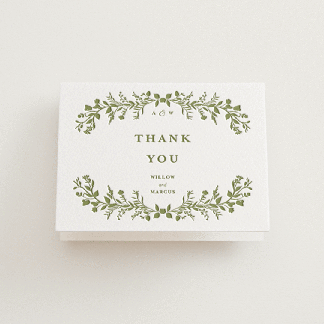 "Greenery Vine" - Letterpress Wedding Thank You Cards in Pistachio by Susan Moyal - Front