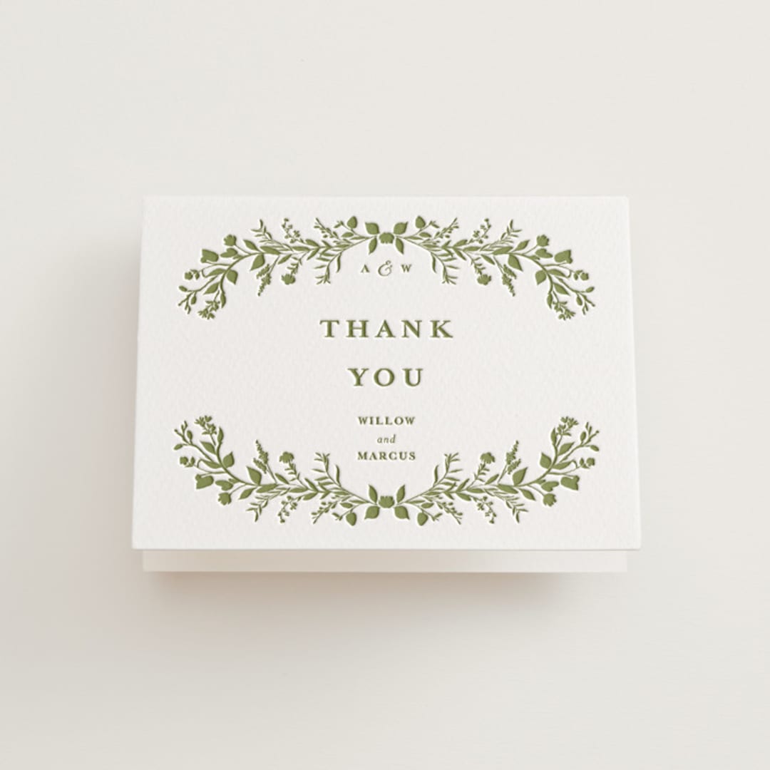 "Greenery Vine" - Letterpress Wedding Thank You Cards in Pistachio by Susan Moyal - Front