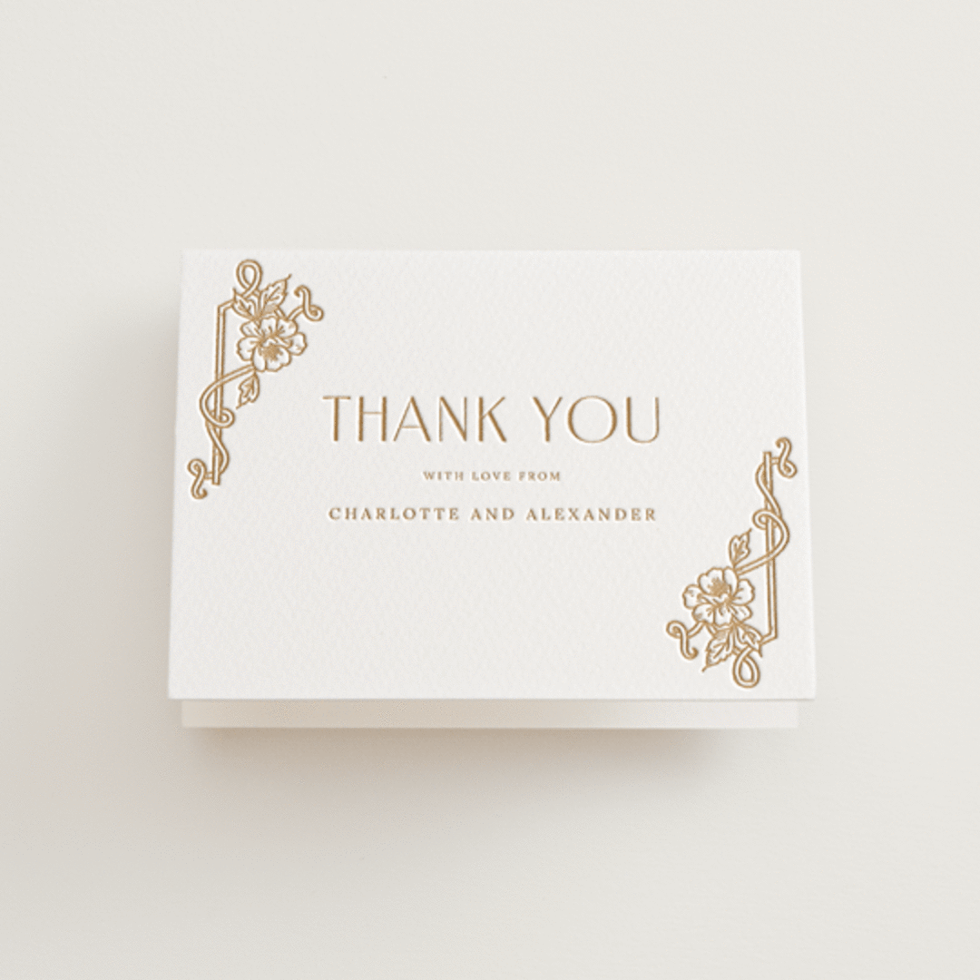 "Nouveau Peony" - Letterpress Wedding Thank You Cards in Faux Gold by Selima Akhter - Front