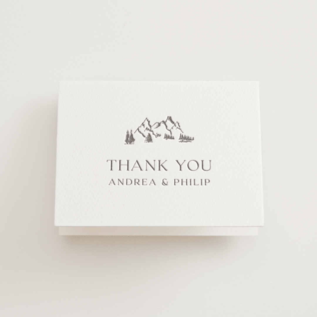 "Mountain Serenity" - Letterpress Wedding Thank You Cards in Graphite by Lucrecia Caporale - Front