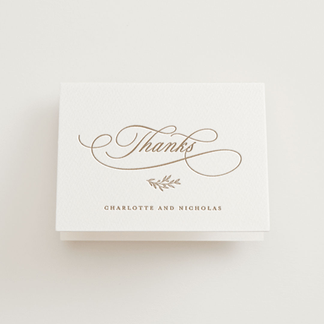 "Vineyard Script" - Letterpress Wedding Thank You Cards in Matte Gold by Hooray Creative - Front
