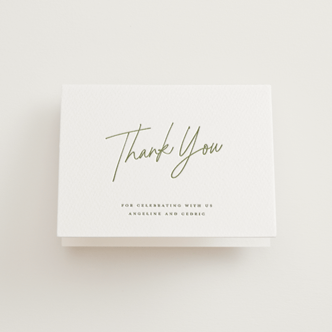 "angeline" - Letterpress Wedding Thank You Cards in Moss by chocomocacino - Front