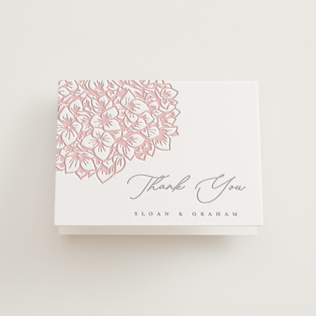 "Hydrangea Blooms" - Letterpress Wedding Thank You Cards in Blush by Paula Pecevich - Front