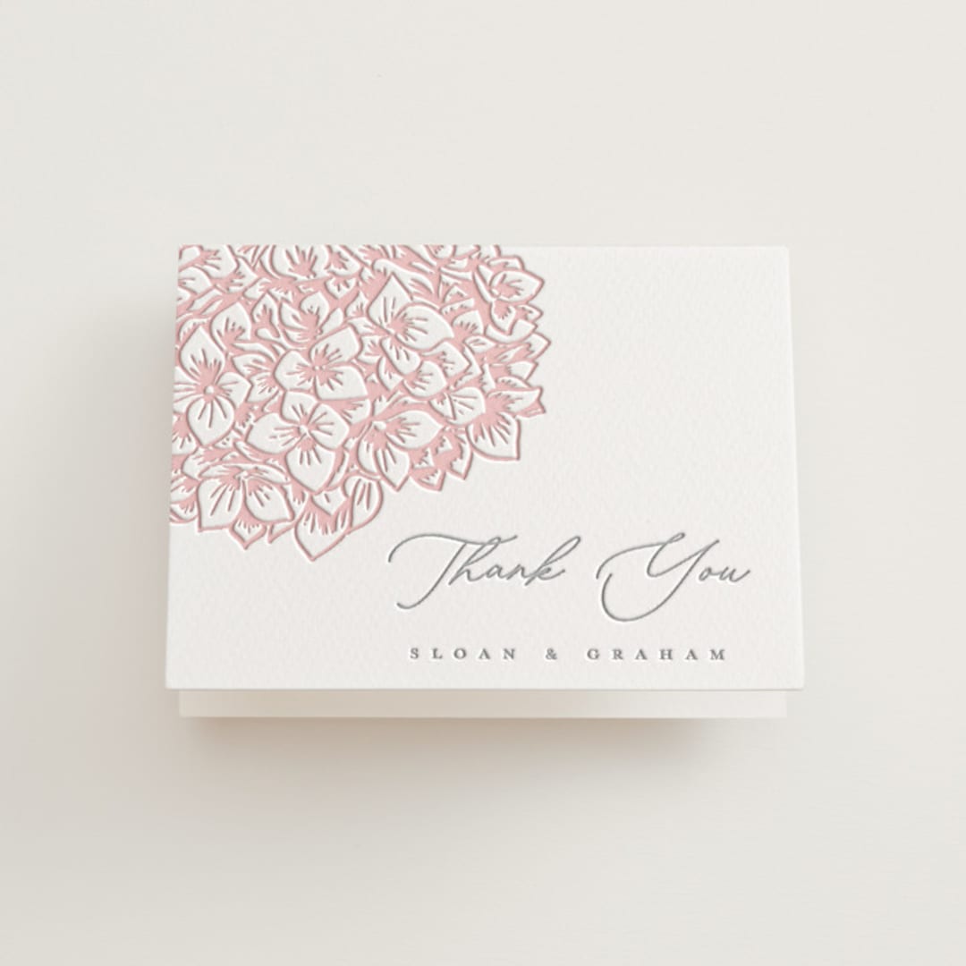 "Hydrangea Blooms" - Letterpress Wedding Thank You Cards in Blush by Paula Pecevich - Front