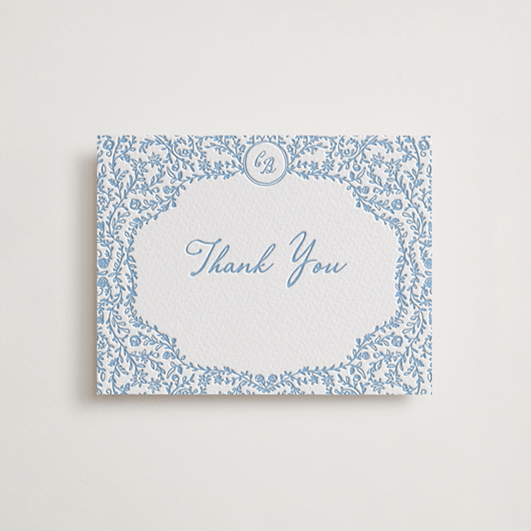 "Garden romance" - Letterpress Wedding Thank You Cards in Sky Blue by Creo Study - Front