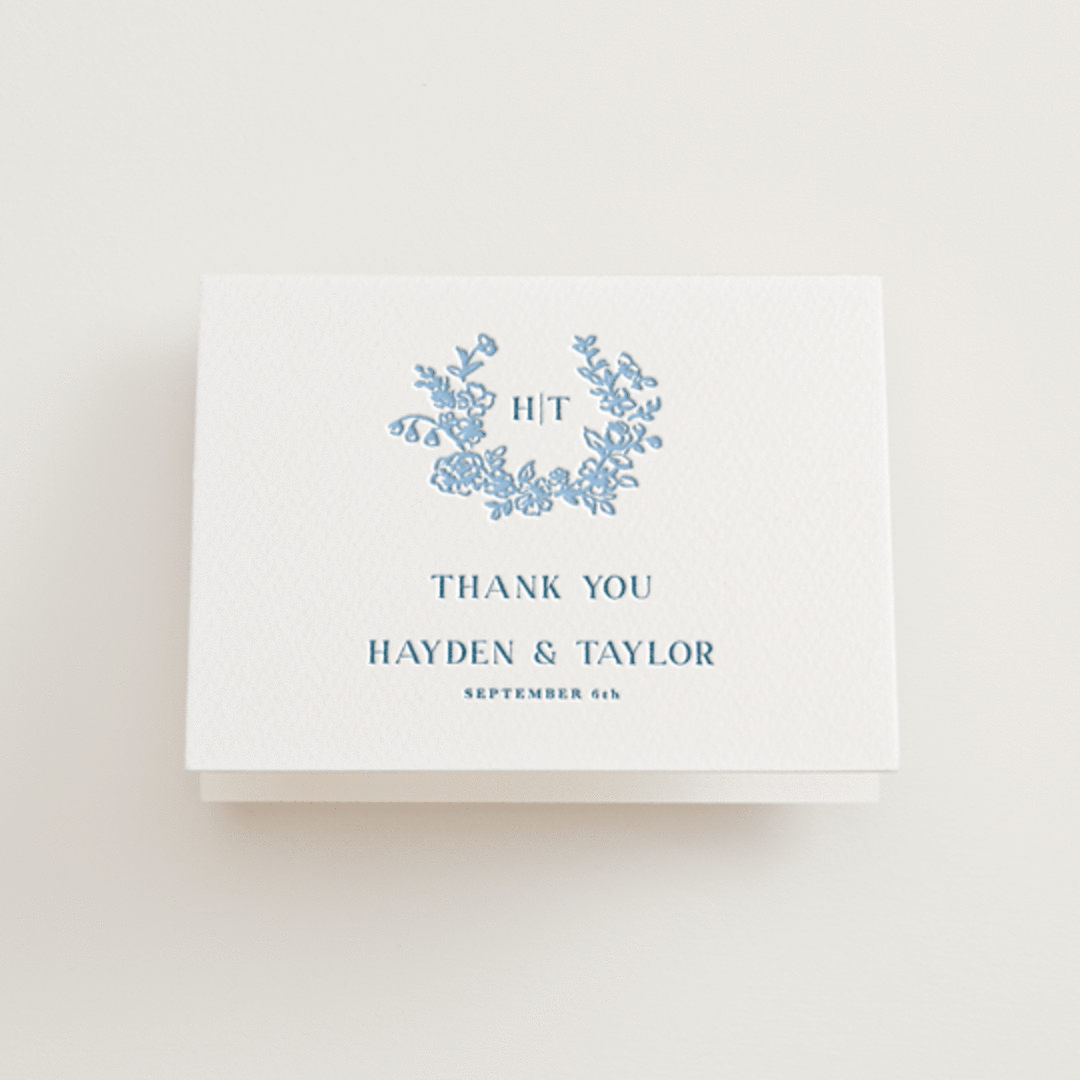 "Flowers monogram" - Letterpress Wedding Thank You Cards in Sky Blue by Cass Loh - Front
