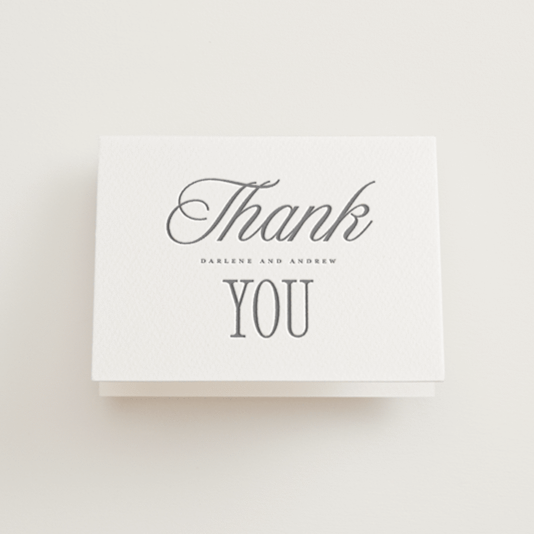 "Icon" - Letterpress Wedding Thank You Cards in Gravel by Vera Lim - Front