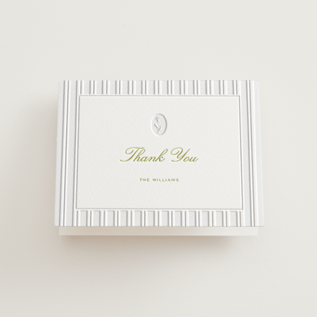 "Calia" - Letterpress Wedding Thank You Cards in Avocado by Ani Somi - Front
