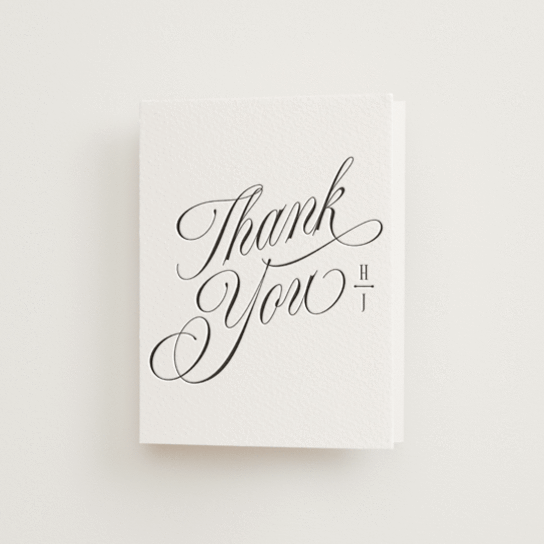 "Mirin" - Letterpress Wedding Thank You Cards in Soft Black by Kate Ahn - Front