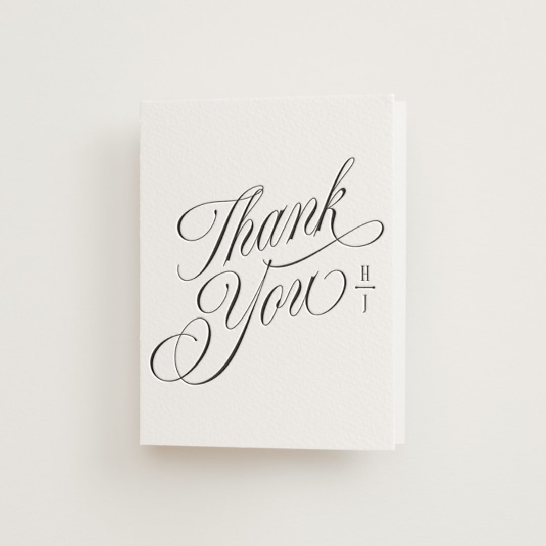 "Mirin" - Letterpress Wedding Thank You Cards in Soft Black by Kate Ahn - Front