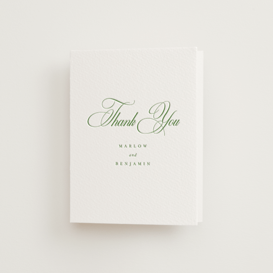 "Chic Script" - Letterpress Wedding Thank You Cards in Cucumber by Kelly Schmidt - Front