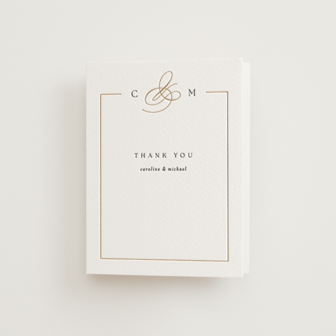 "Framed Monogram" - Letterpress Wedding Thank You Cards in Faux Gold by Kelly Schmidt - Front