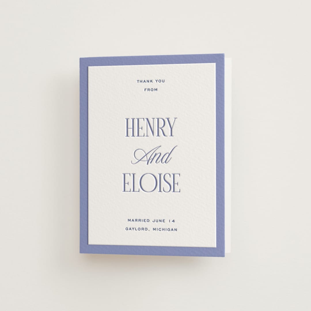 "Threaded" - Letterpress Wedding Thank You Cards in Periwinkle by Pixel and Hank - Front