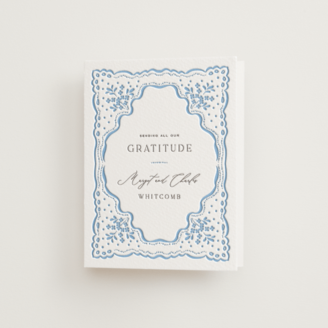 "Margot" - Letterpress Wedding Thank You Cards in Sky Blue by Erin L. Wilson - Front