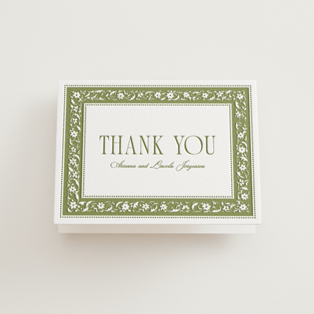 "Darcy" - Letterpress Wedding Thank You Cards in Pistachio by Robert and Stella - Front