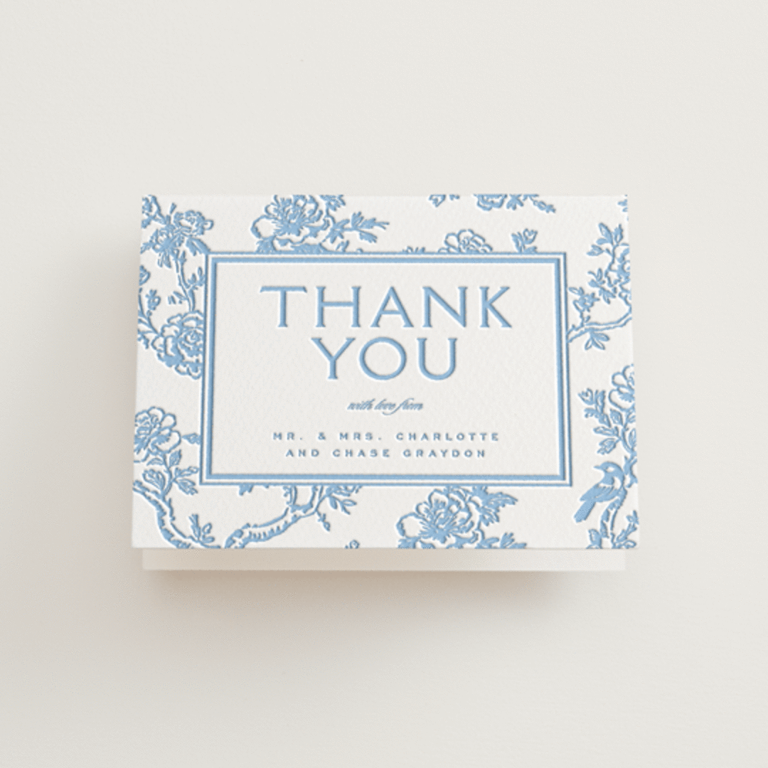 "Classic Toile" - Letterpress Wedding Thank You Cards in Sky Blue by Jenna Holcomb - Front