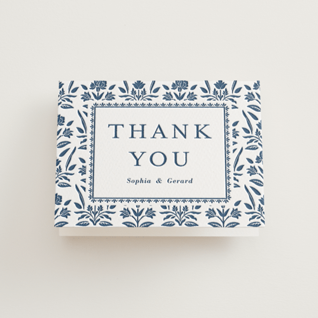 "Pressed Motif" - Letterpress Wedding Thank You Cards in Indigo by Oma N. Ramkhelawan - Front