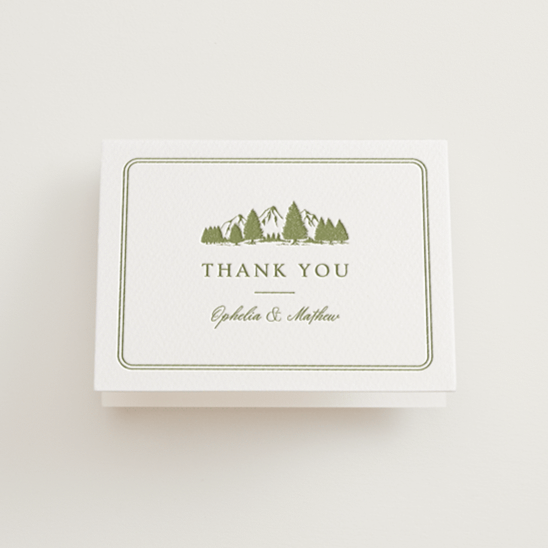 "Summit Meadows" - Letterpress Wedding Thank You Cards in Pistachio by Ana Sharpe - Front