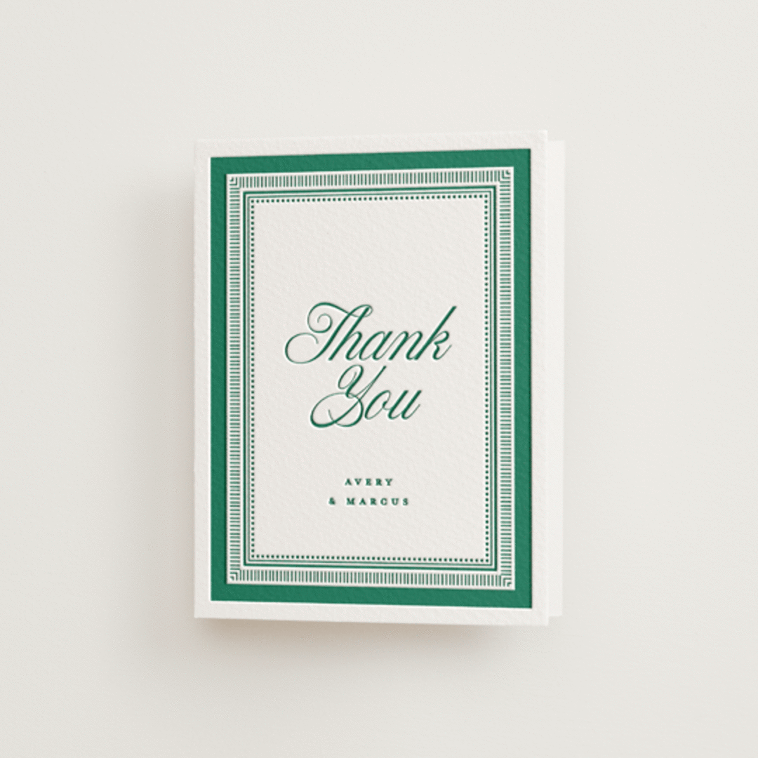 "Archer" - Letterpress Wedding Thank You Cards in Cucumber by Kelly Watkins - Front