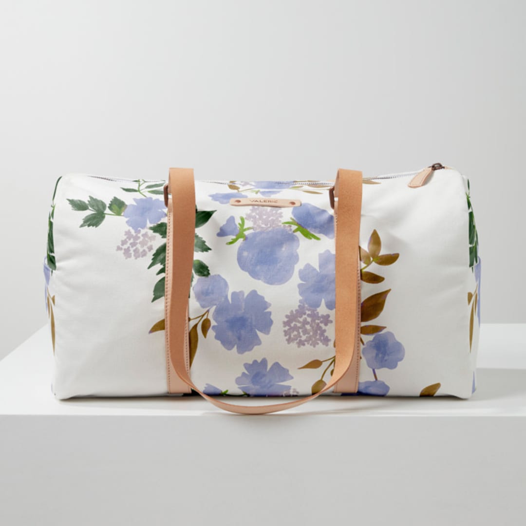 "Botanical Cascade - Peri" - Fillmore Duffle in Periwinkle by Erin German - Fillmore Duffle