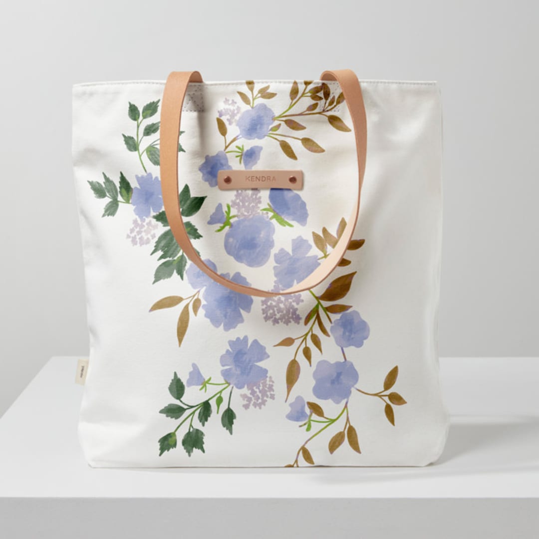 "Botanical Cascade - Peri" - Snap Tote in Periwinkle by Erin German - Snap Tote