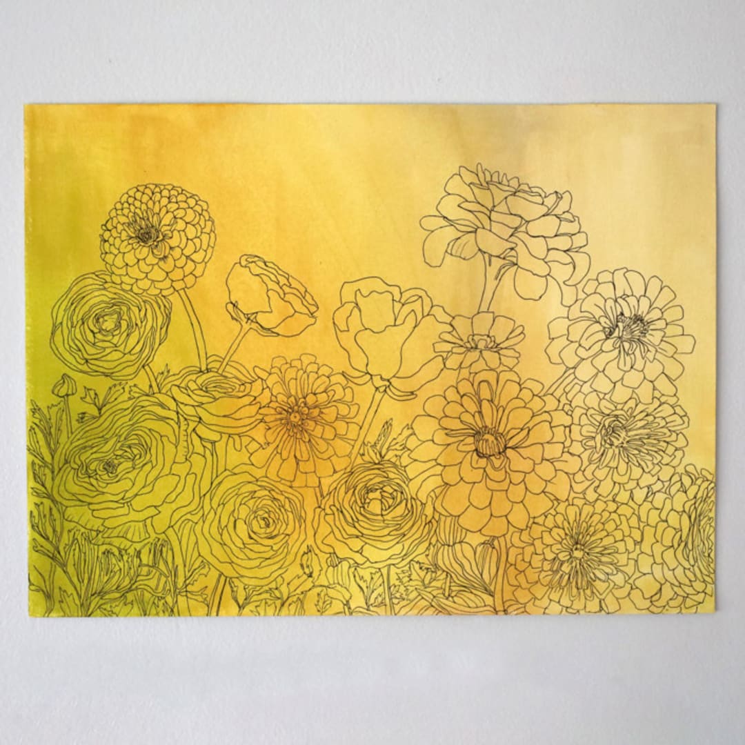 "spring to summer" - Original Drawings in yellow by Janie Allen