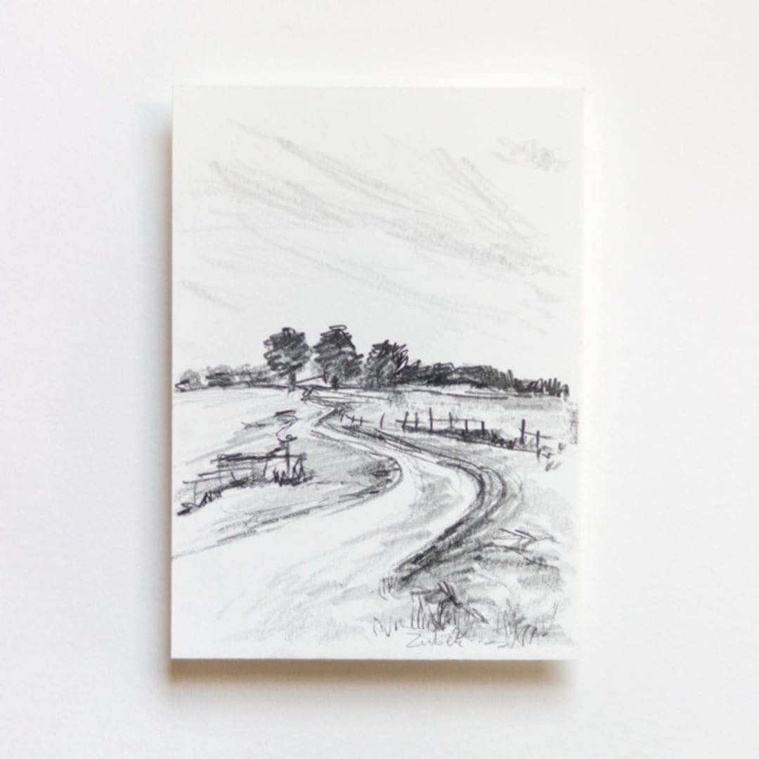 "Country Landscape - 5x7 drawing" - Original Drawings in white by Weronika Zubek