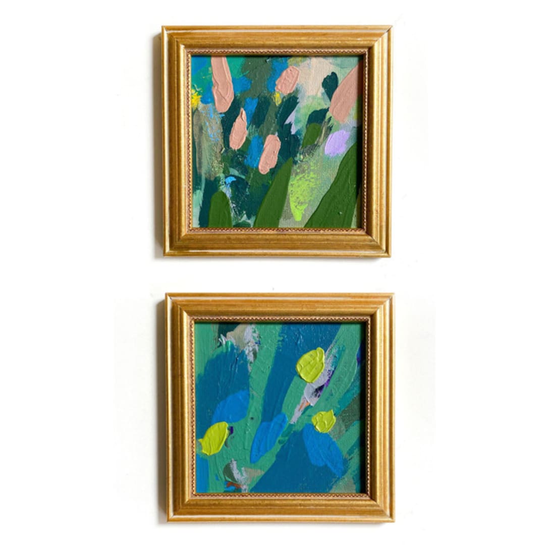 "Punctuating Blooms Pair" - Original Painting in green by Jessalin Beutler