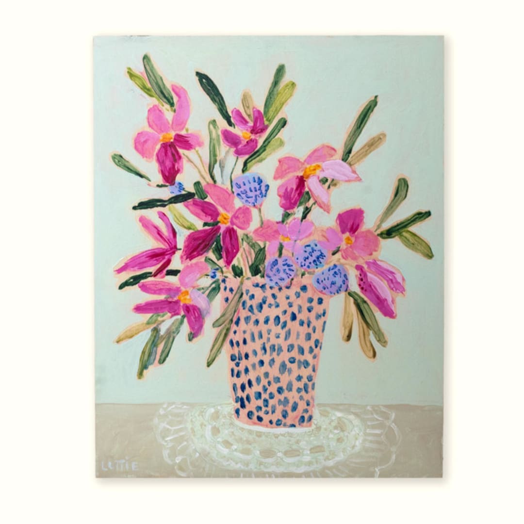"Lace & Flowers No. 1" - Original Painting in pink by Lottie Aldarwish